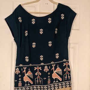 Cool Boho Shift Dress Turquoise and Gold with Embroidery